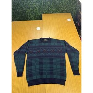 VINTAGE Reed St James Loafers Sweater Mens M Green Blue Tartan Plaid Geometric